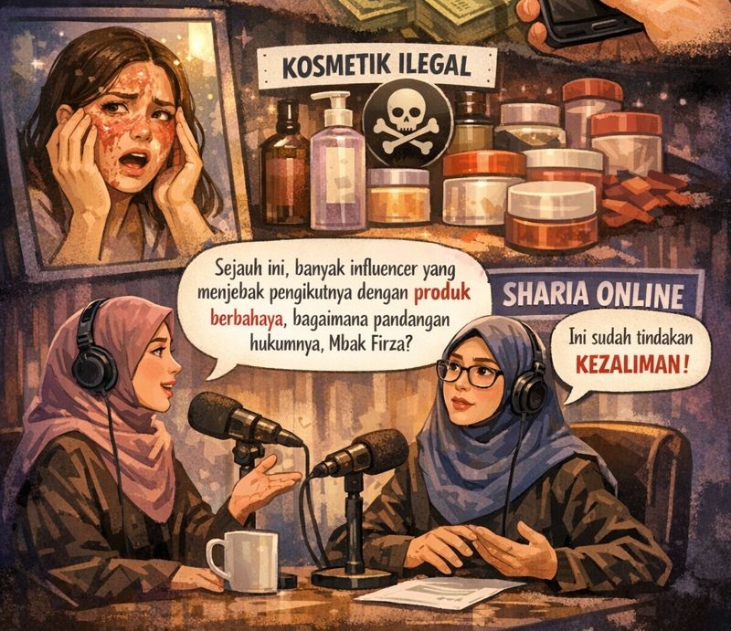 Ilustrasi influencer mempromosikan krim wajah dengan klaim glowing instan di media sosial, kontras dengan dampak kosmetik ilegal yang merusak kulit dan diskusi hukum syariah tentang kezaliman promosi produk kecantikan.