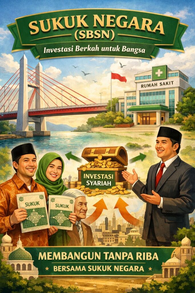 Ilustrasi Sukuk Negara (SBSN) sebagai pembiayaan syariah untuk pembangunan jembatan dan rumah sakit tanpa riba.