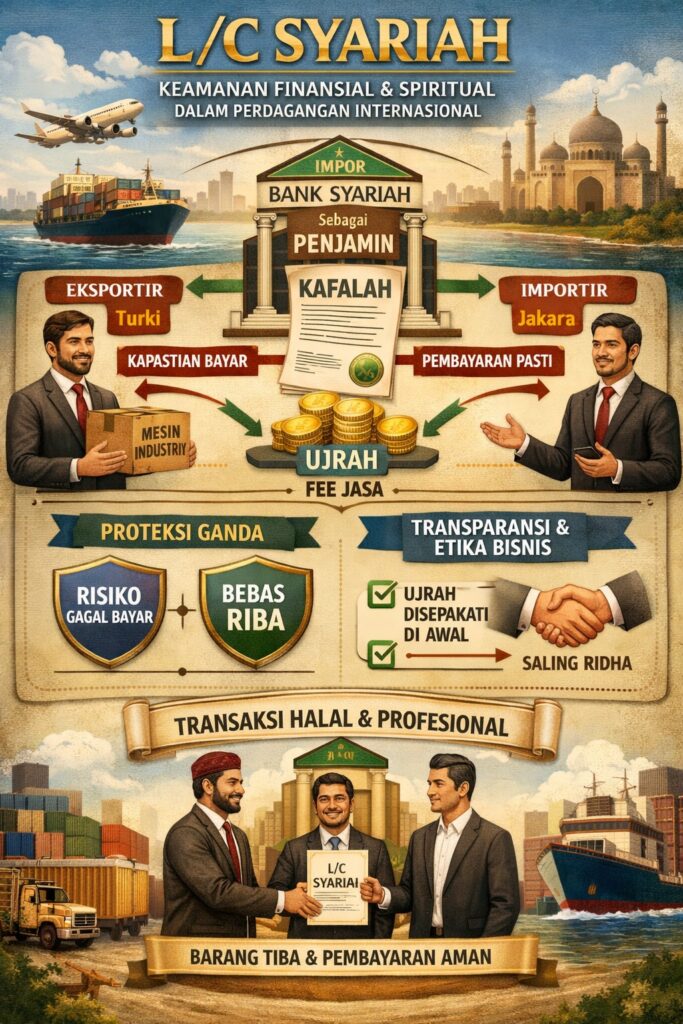 Panduan praktis L/C Syariah dengan akad Kafalah bil Ujrah. Solusi transaksi ekspor-impor yang aman, profesional, dan bebas riba sesuai Fatwa DSN-MUI.