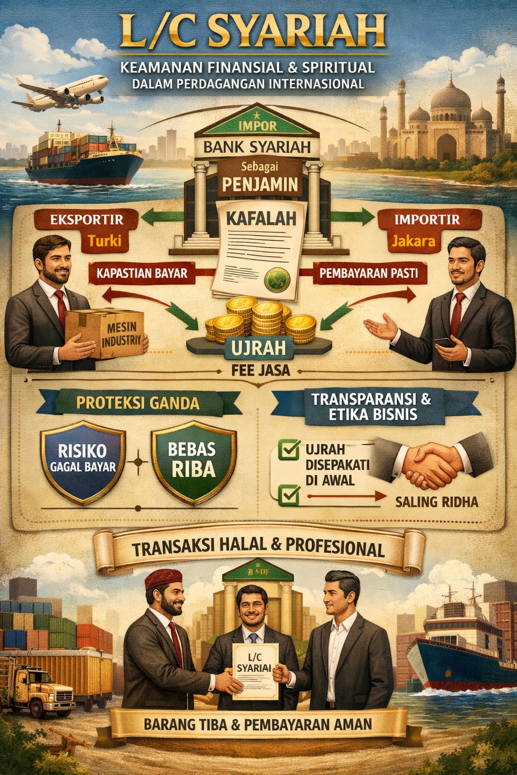 Panduan praktis L/C Syariah dengan akad Kafalah bil Ujrah. Solusi transaksi ekspor-impor yang aman, profesional, dan bebas riba sesuai Fatwa DSN-MUI.