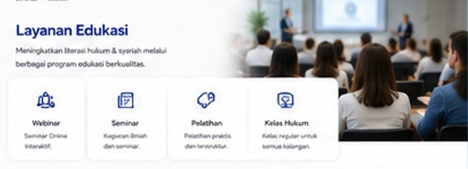 Program webinar, seminar, pelatihan, dan kelas hukum untuk meningkatkan literasi hukum dan syariah secara profesional.